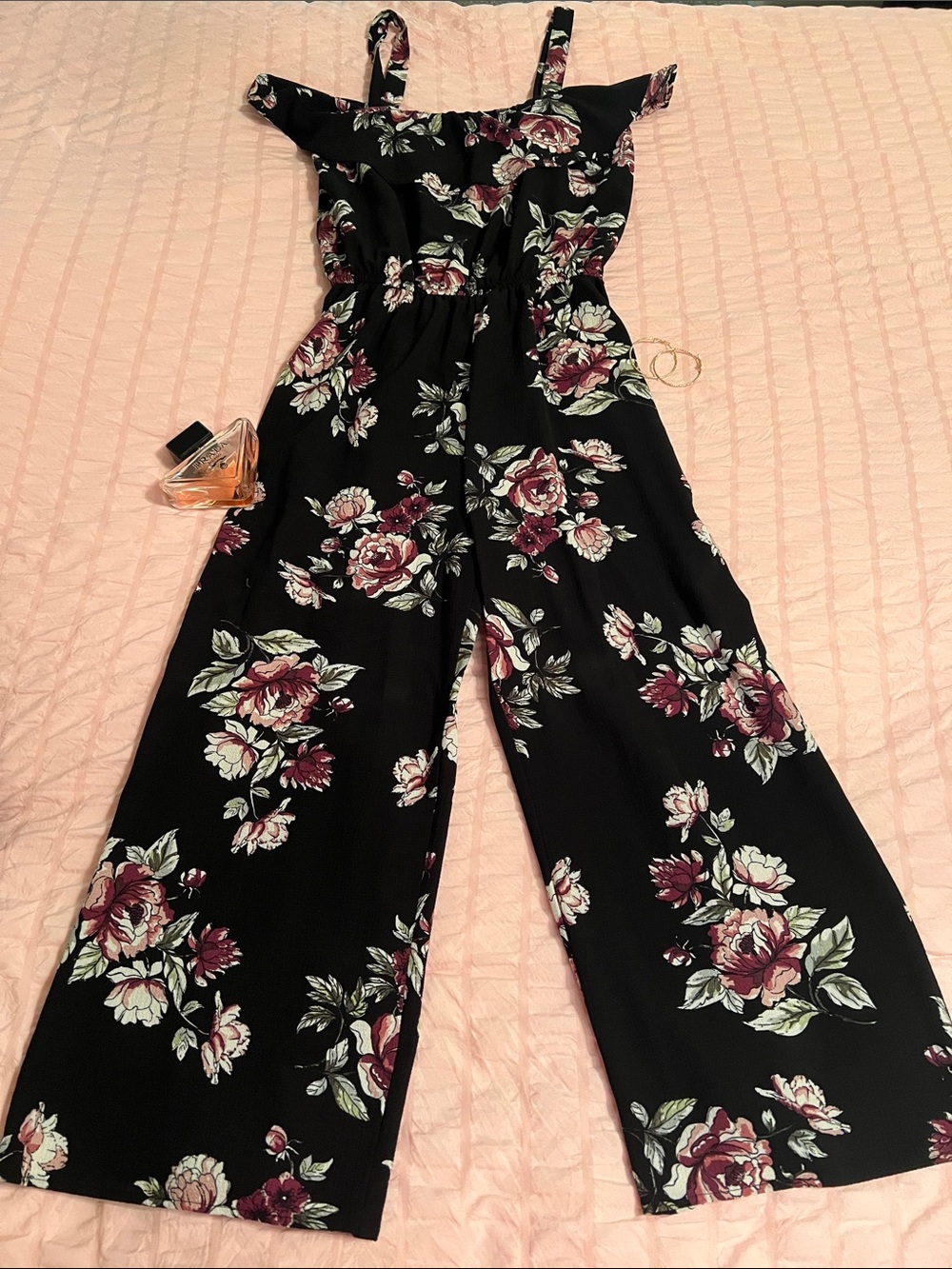 Rue21 Black Floral Off-Shoulder Wide-Leg Jumpsuit